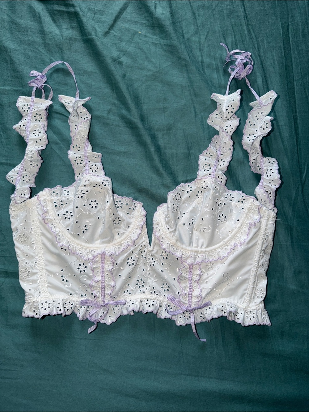 For Love & Lemons White Eyelet Corset Too with Lavender Trim